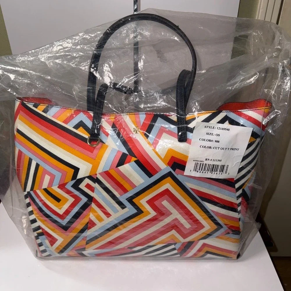 Tory Burch Kerrington Cut Out T Print Geometric Large Tote Bag Leather NEW